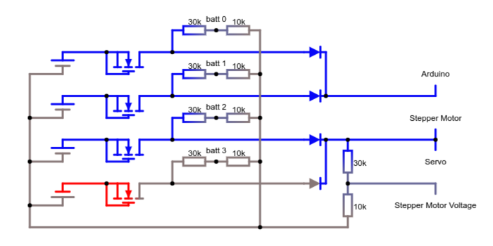 Battery -> MOSFET -> Voltage Divider + Output